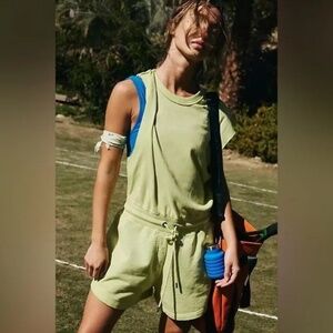 Free People Romper Medium | Sleeveless Yellow Jumpsuit | Drawstring Waist Pocket